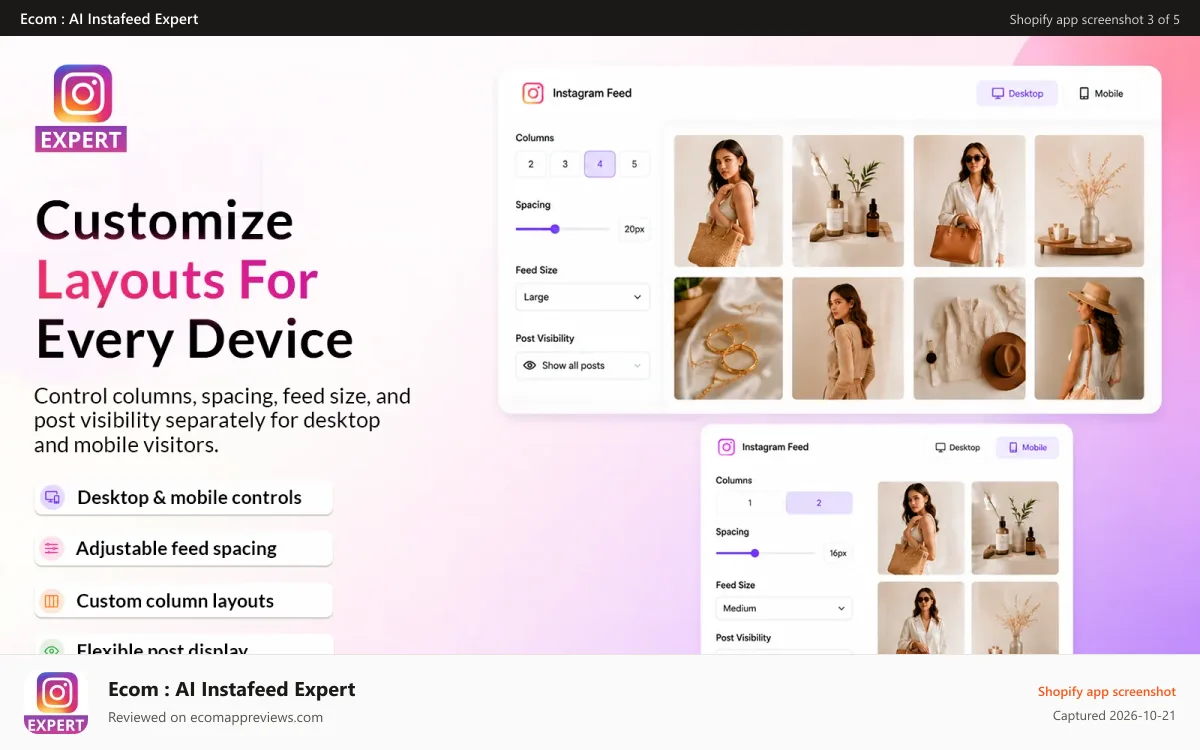 Ecom : AI Instafeed Expert Shopify app screenshot: MOBILE & DESKTOP CUSTOMIZATION