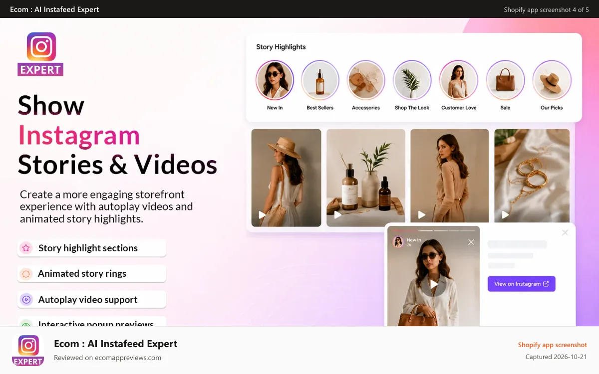 Ecom : AI Instafeed Expert Shopify app screenshot: STORIES & VIDEO EXPERIENCE