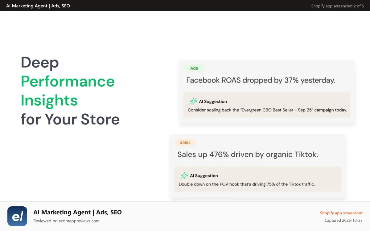 AI Marketing Agent | Ads, SEO Shopify app screenshot: Deep Performance Insights & Marketing Analytics for Your Store