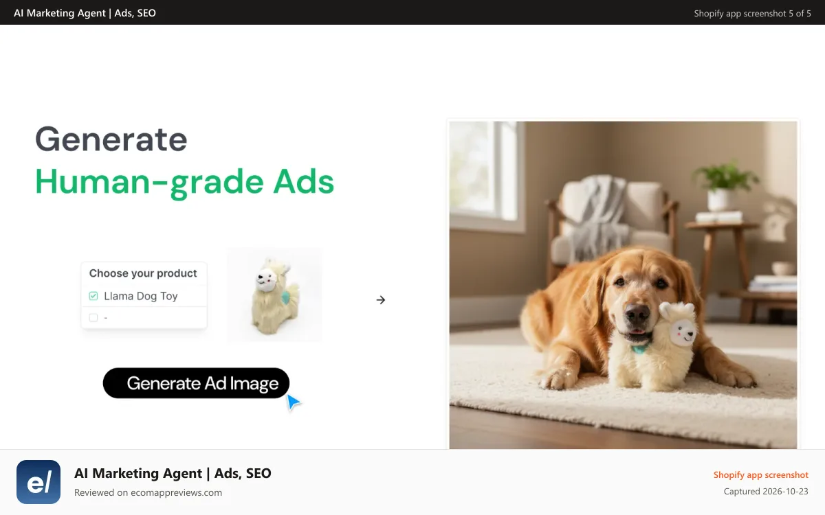 AI Marketing Agent | Ads, SEO Shopify app screenshot: Generate Human-grade Ads