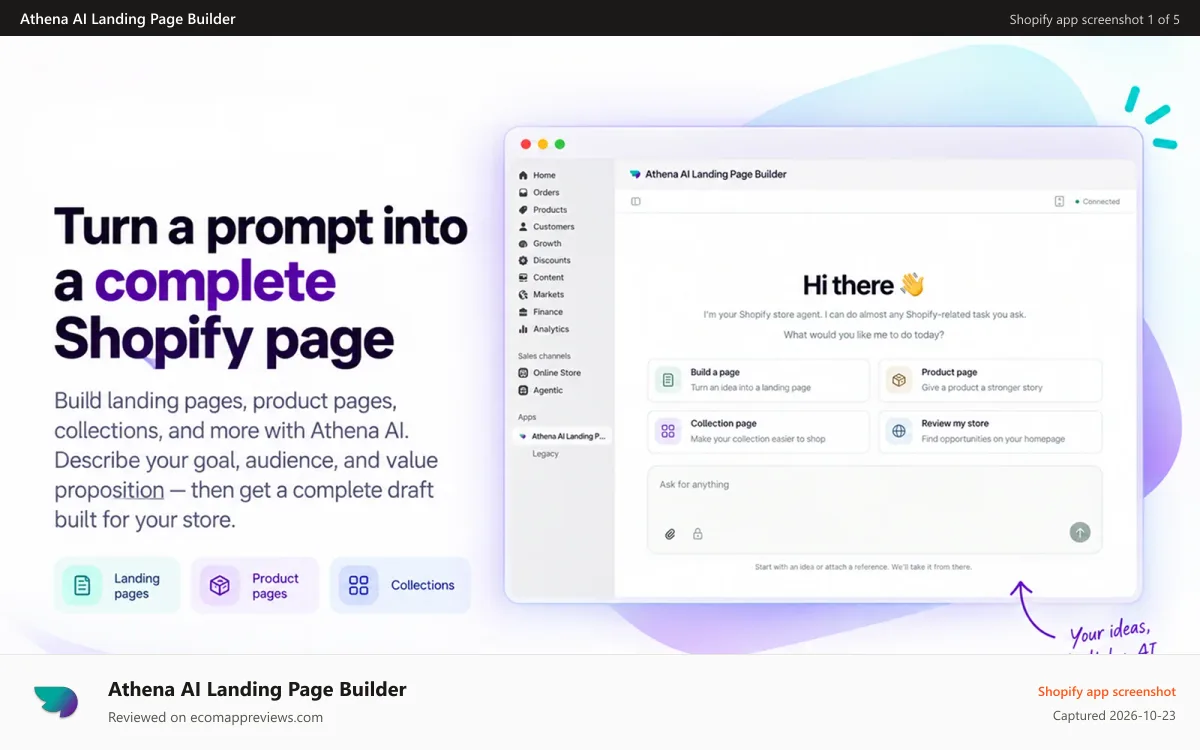 Athena AI Landing Page Builder Shopify app screenshot: Turn a text prompt into a complete Shopify landing page draft