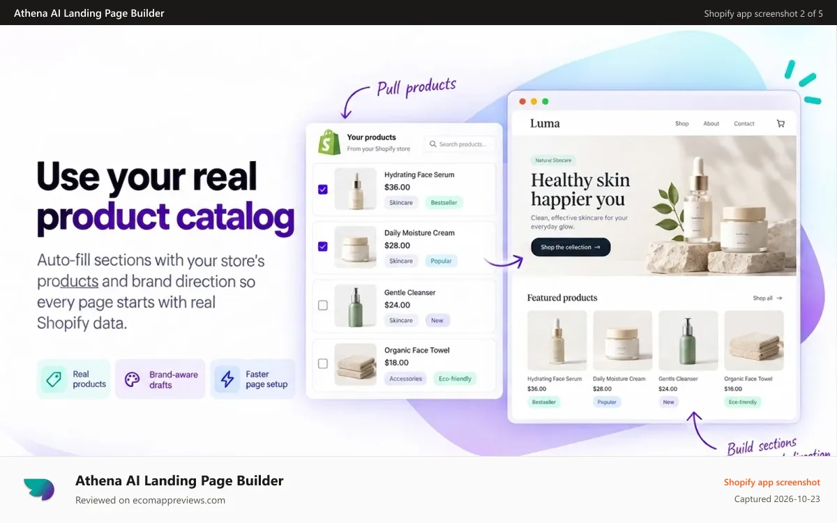 Athena AI Landing Page Builder Shopify app screenshot: Auto-fill store pages using real Shopify product catalog data