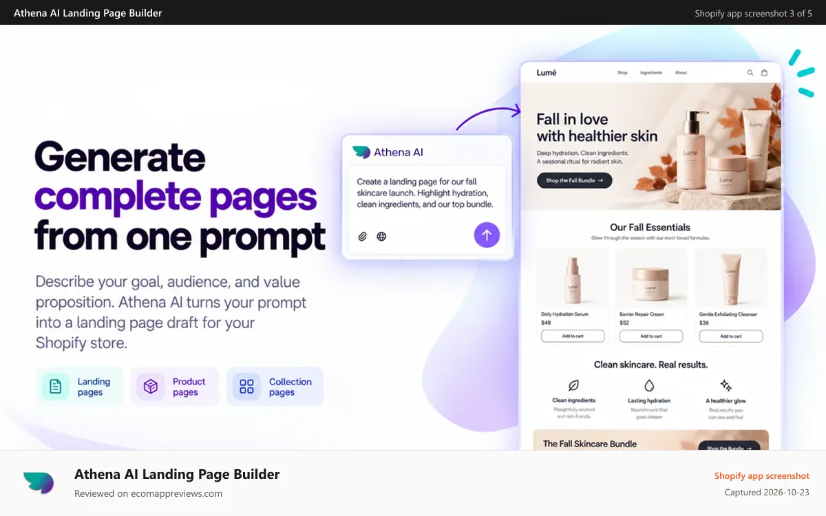Athena AI Landing Page Builder Shopify app screenshot: Generate full responsive Shopify landing pages from one prompt