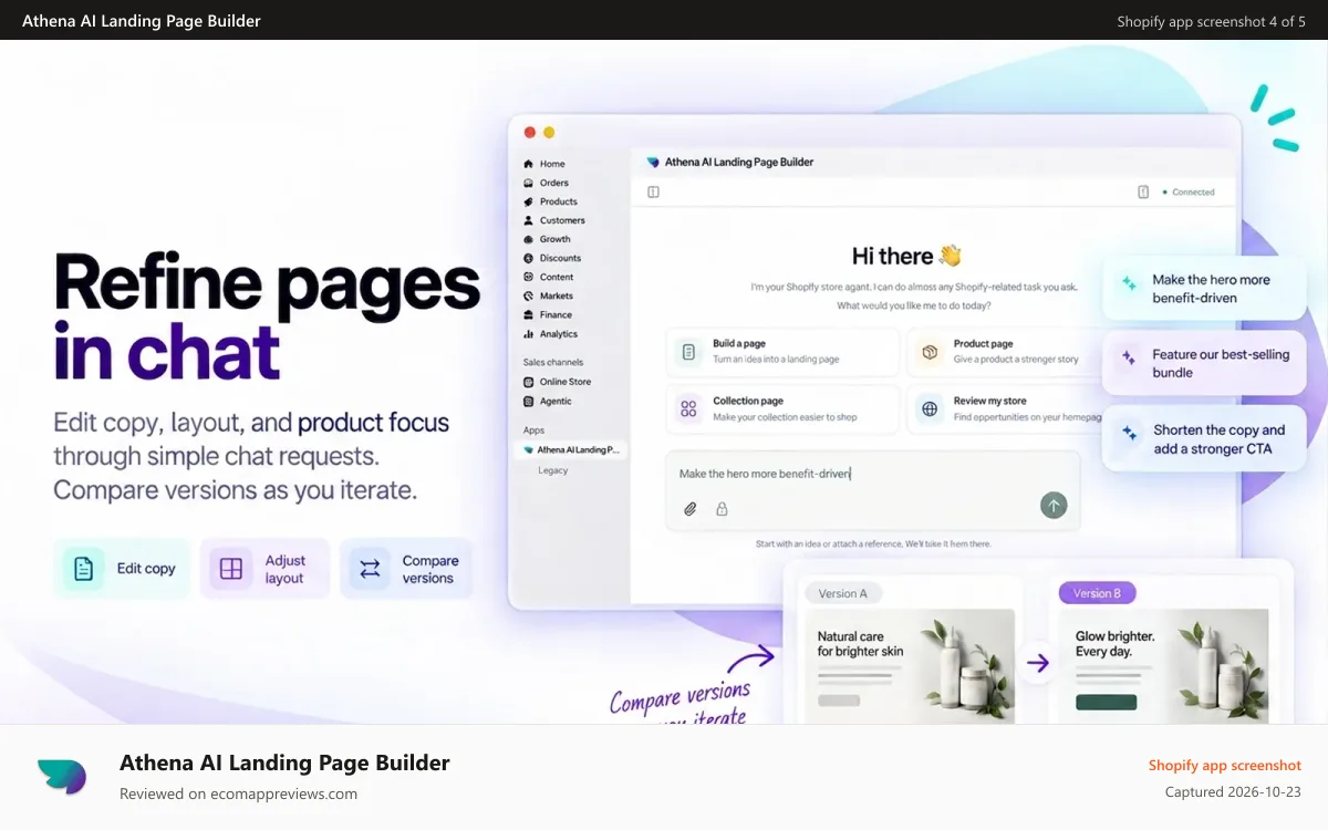Athena AI Landing Page Builder Shopify app screenshot: Refine page copy, layout, and sections directly through chat