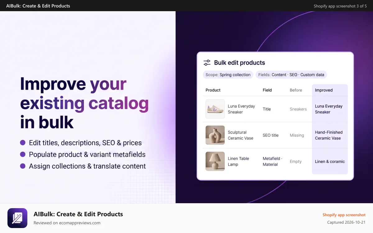 AIBulk: Create & Edit Products Shopify app screenshot: Improve your existing catalog in bulk