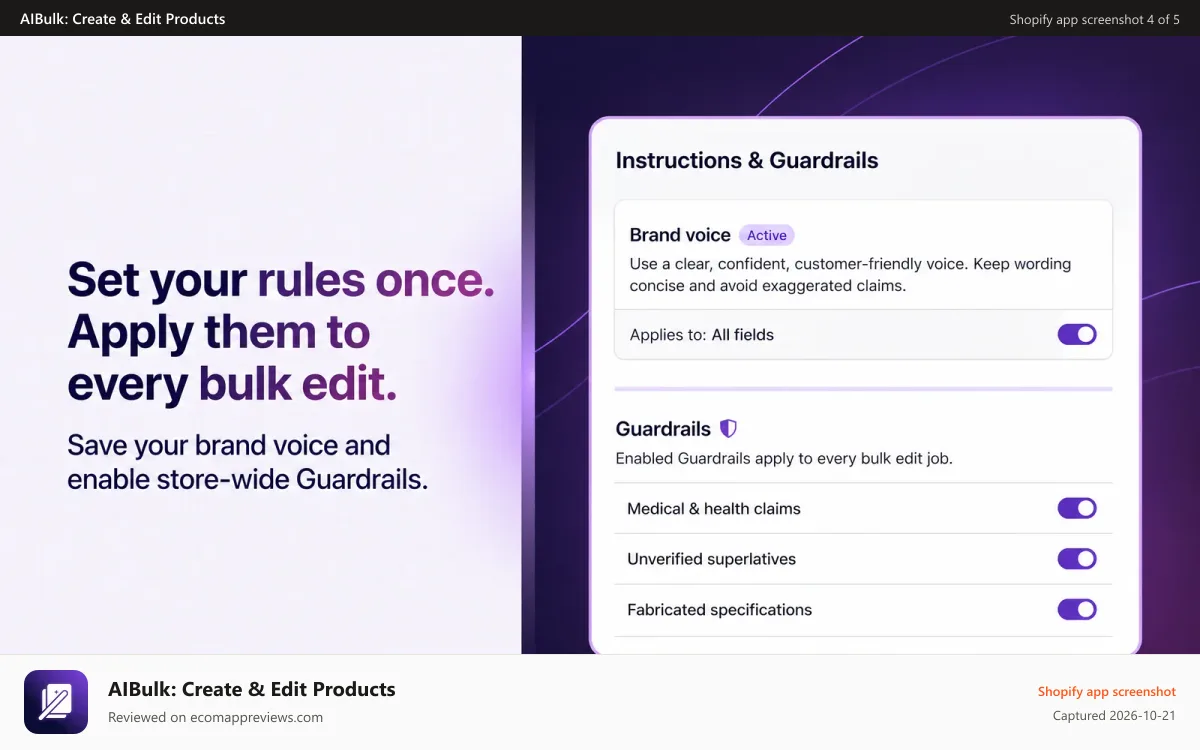 AIBulk: Create & Edit Products Shopify app screenshot: Set your brand voice and apply rules to every bulk edit.
