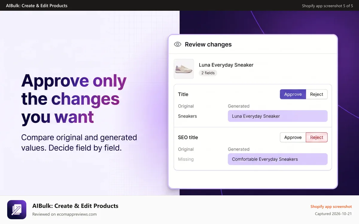 AIBulk: Create & Edit Products Shopify app screenshot: Approve only the changes you want.