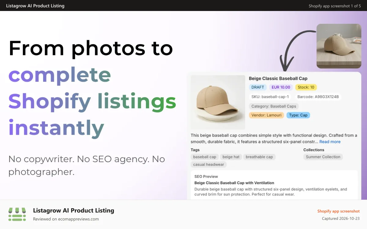 Listagrow AI Product Listing Shopify app screenshot: Complete, SEO-optimized, on-brand products in seconds & in bulk
