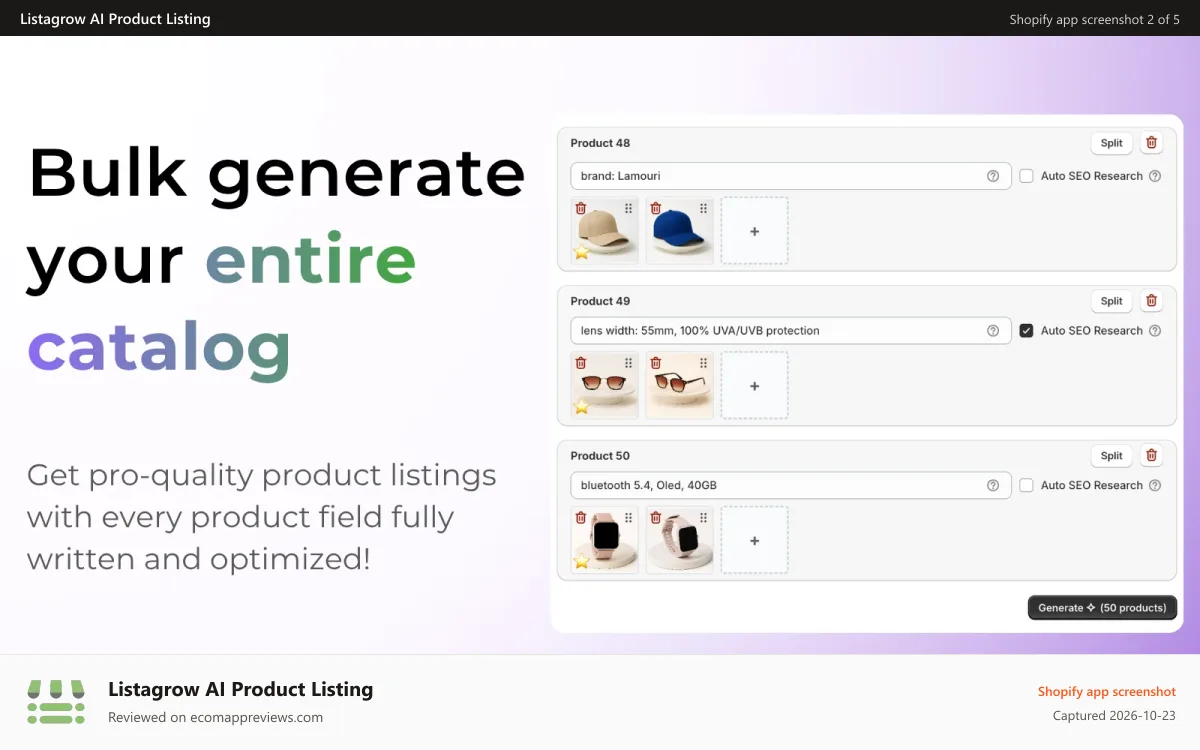 Listagrow AI Product Listing Shopify app screenshot: Bulk upload images to generate products listings in bulk