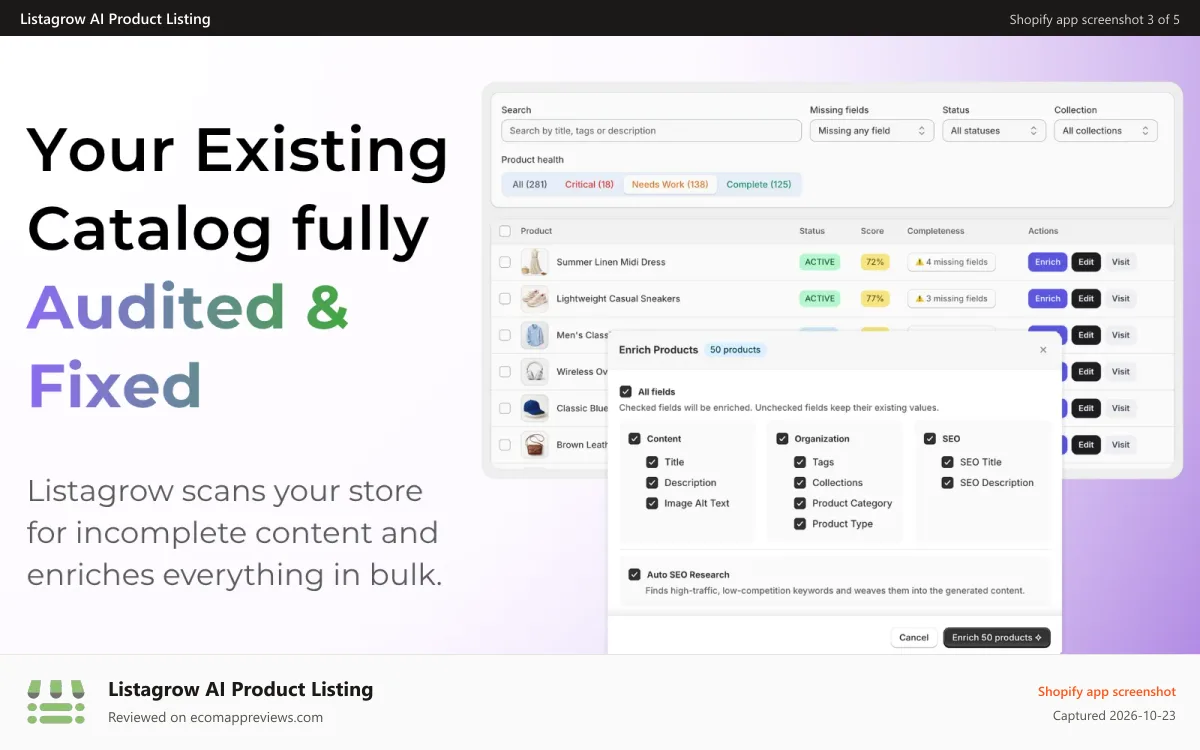Listagrow AI Product Listing Shopify app screenshot: Instantly find products missing fields and enrich them in bulk