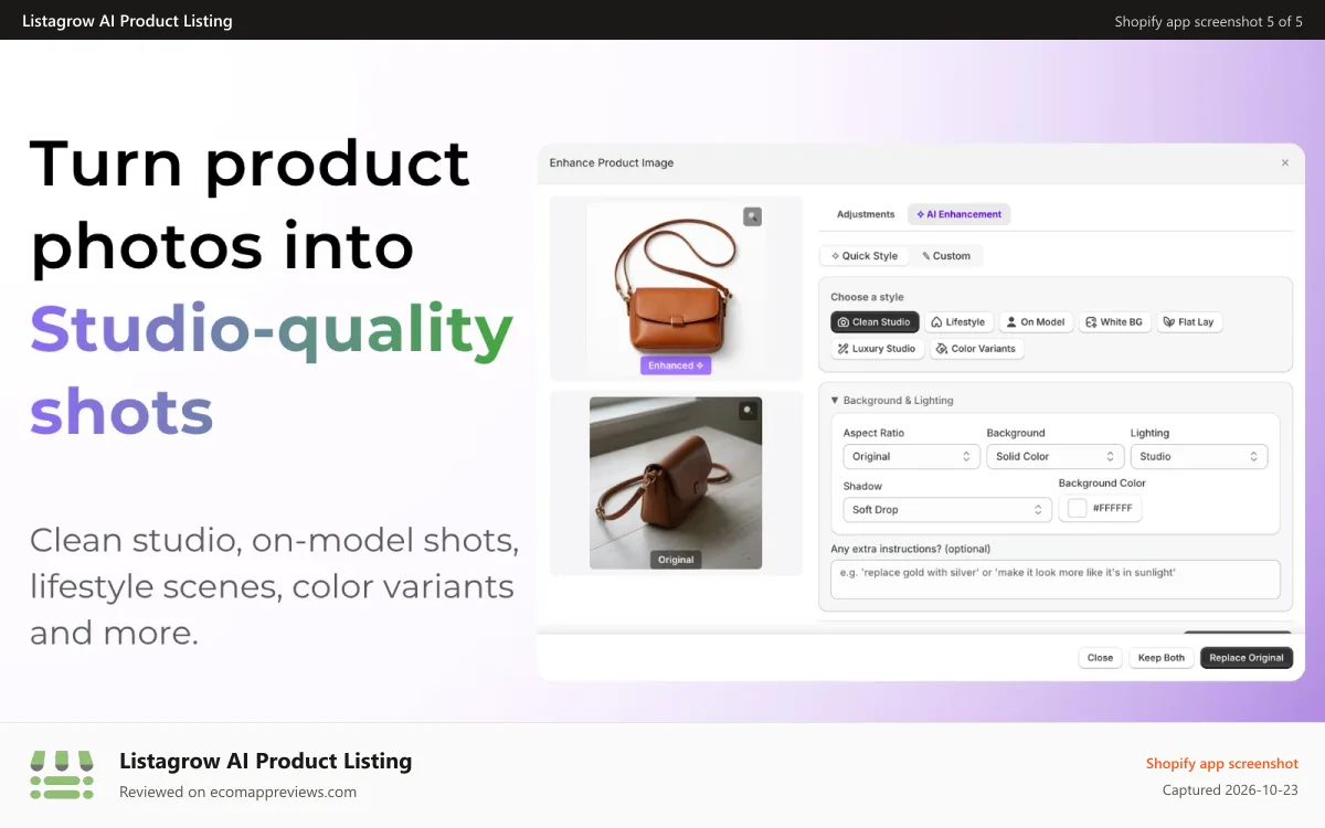 Listagrow AI Product Listing Shopify app screenshot: Transform images into studio-quality, on-model, lifestyle, color