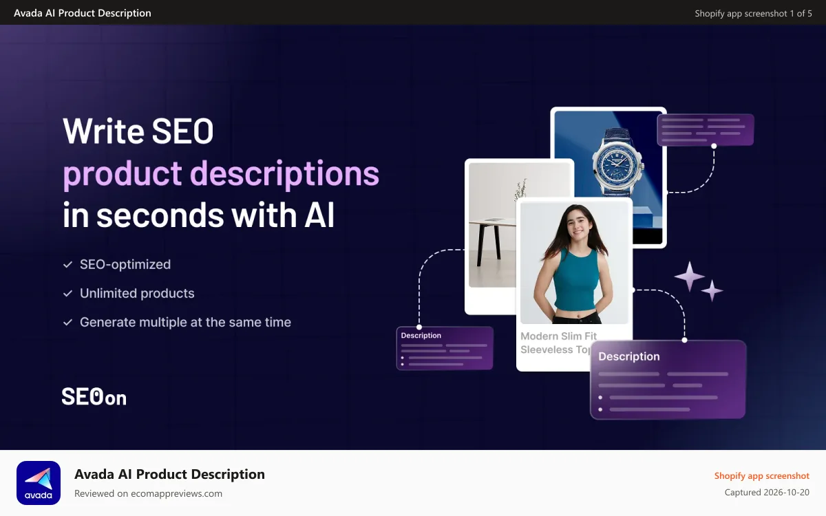 Avada AI Product Description Shopify app screenshot: SEO On Product copy Product description AI generation