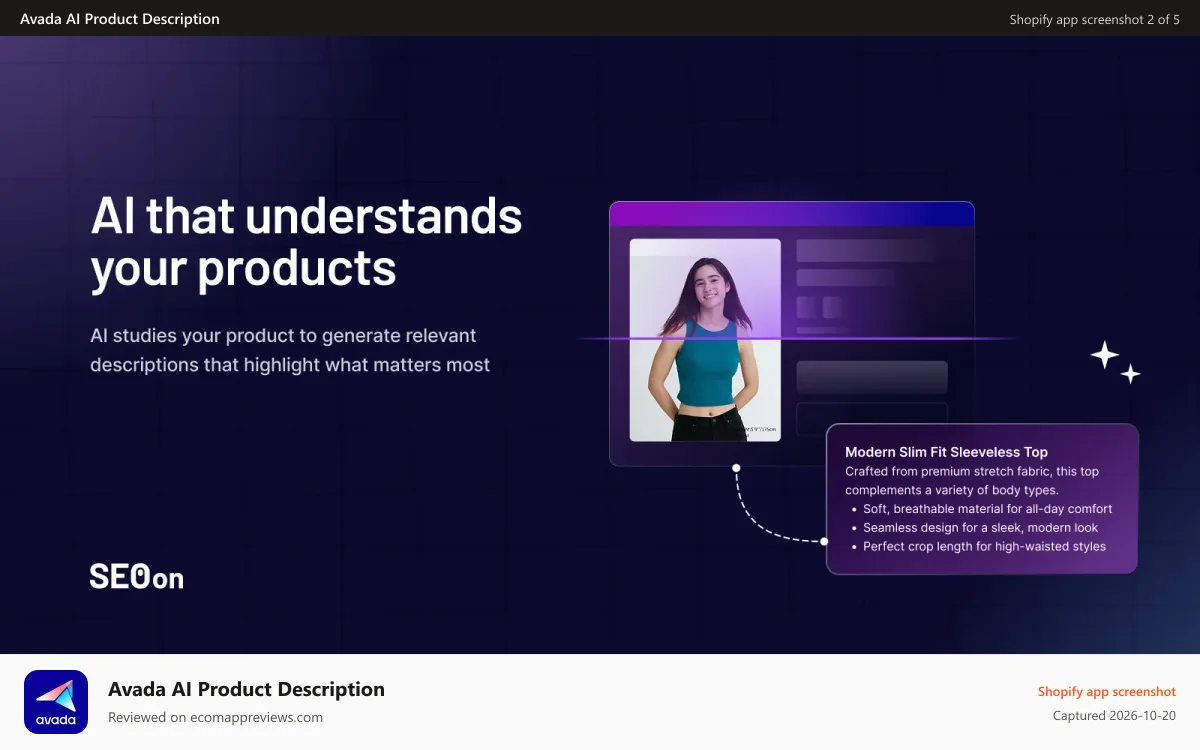 Avada AI Product Description Shopify app screenshot: SEO On Product copy AI studies products to generate content