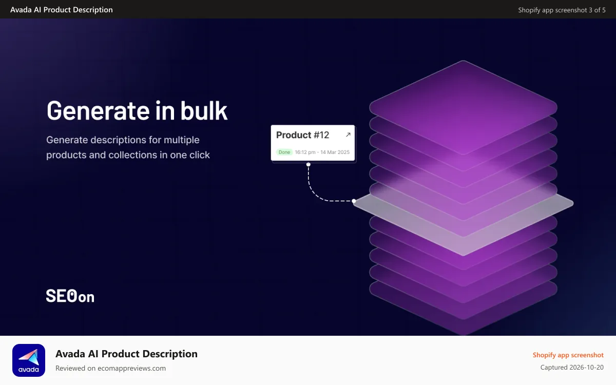 Avada AI Product Description Shopify app screenshot: SEO On Product copy generate product descriptions in bulk
