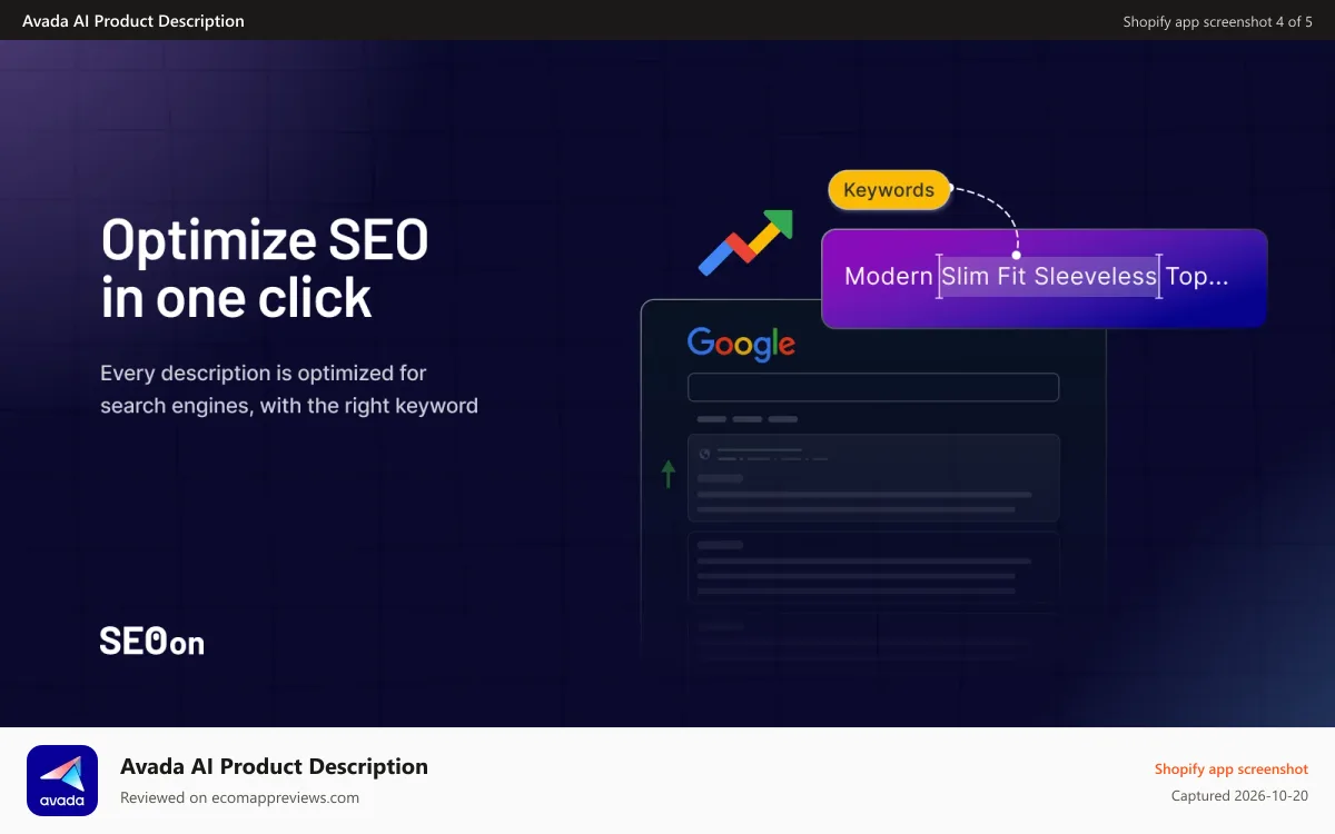 Avada AI Product Description Shopify app screenshot: SEO On Product copy Optimize SEO for product descriptions