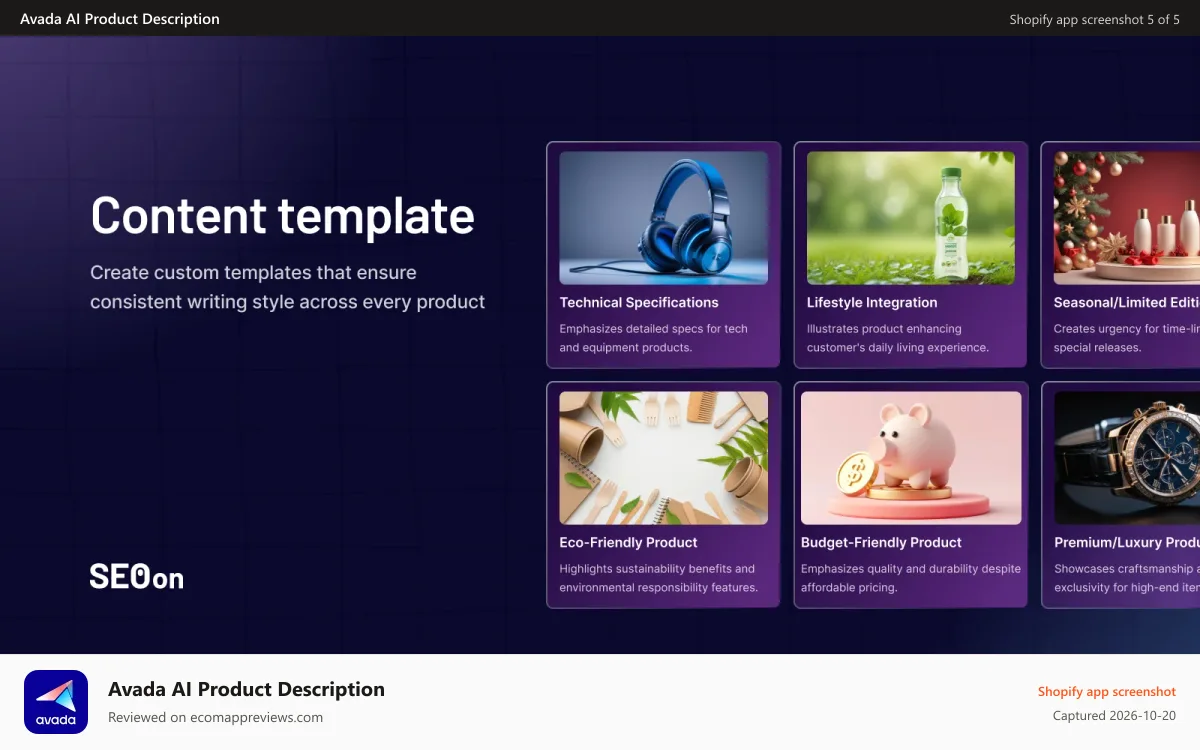 Avada AI Product Description Shopify app screenshot: SEO On Product copy Content template product descriptions