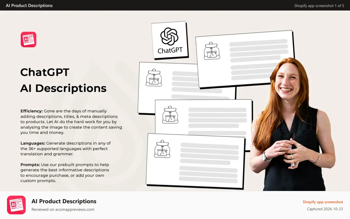 AI Product Descriptions Shopify app screenshot: AI Product Descriptions | AI Generated Product Descriptions
