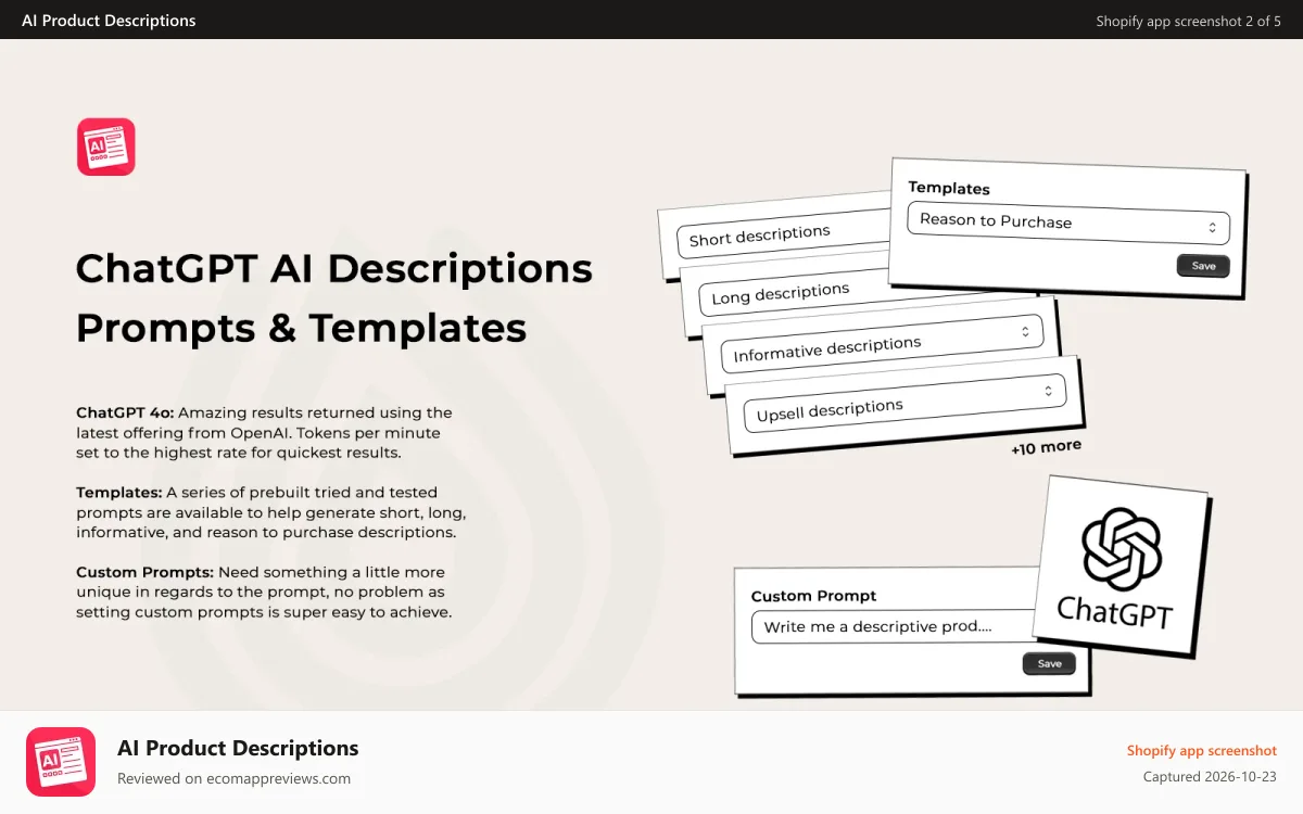 AI Product Descriptions Shopify app screenshot: ChatGPT AI Product Descriptions - Presets and Teamplate