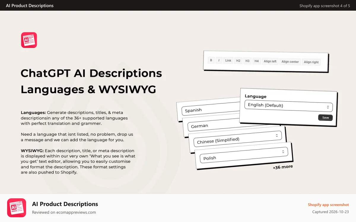 AI Product Descriptions Shopify app screenshot: ChatGPT AI Product Descriptions - Language and WYSIWYG