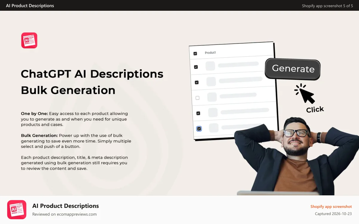 AI Product Descriptions Shopify app screenshot: ChatGPT AI Product Descriptions - Bulk Generation