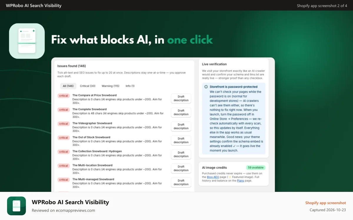 WPRobo AI Search Visibility Shopify app screenshot: Issues list with one-click fixes and live verification