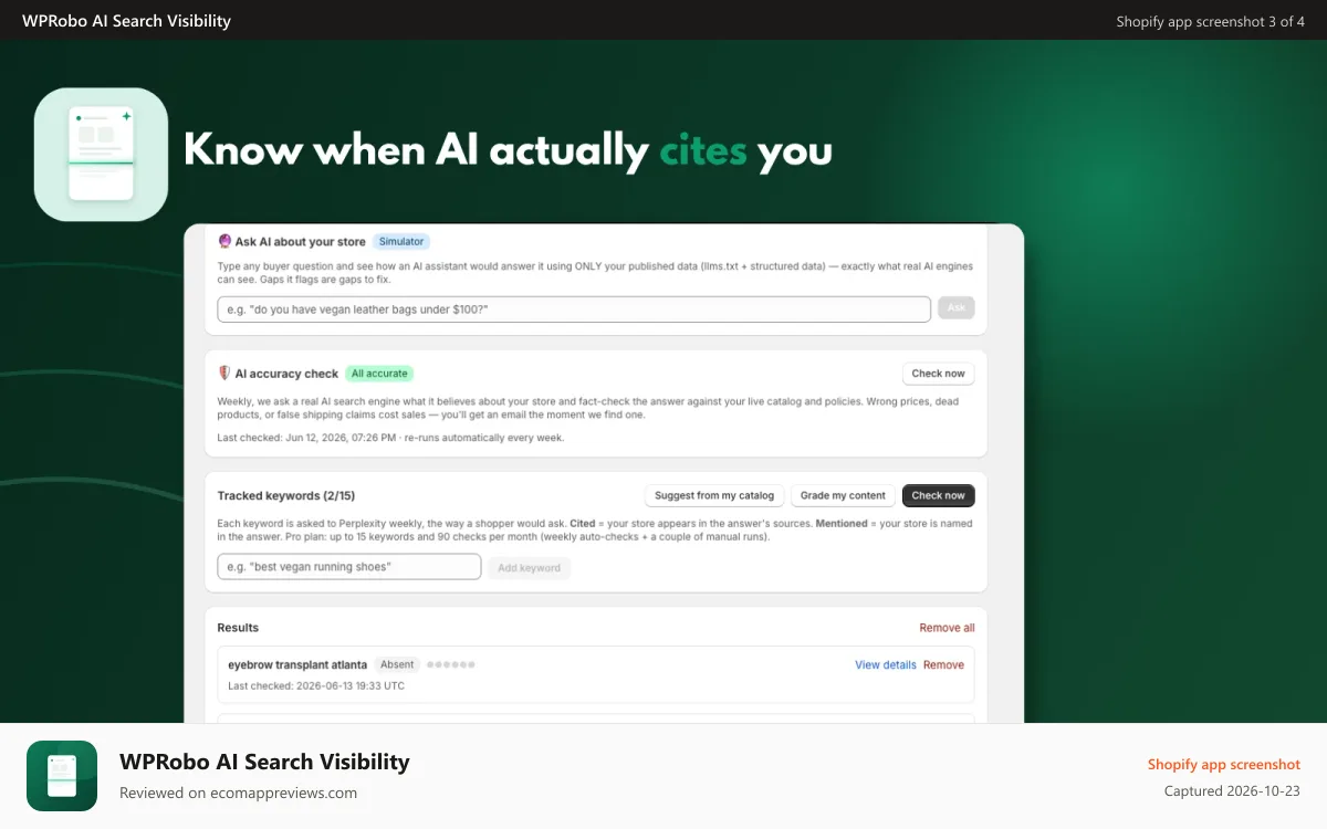WPRobo AI Search Visibility Shopify app screenshot: AI citation tracking with keywords and store simulator