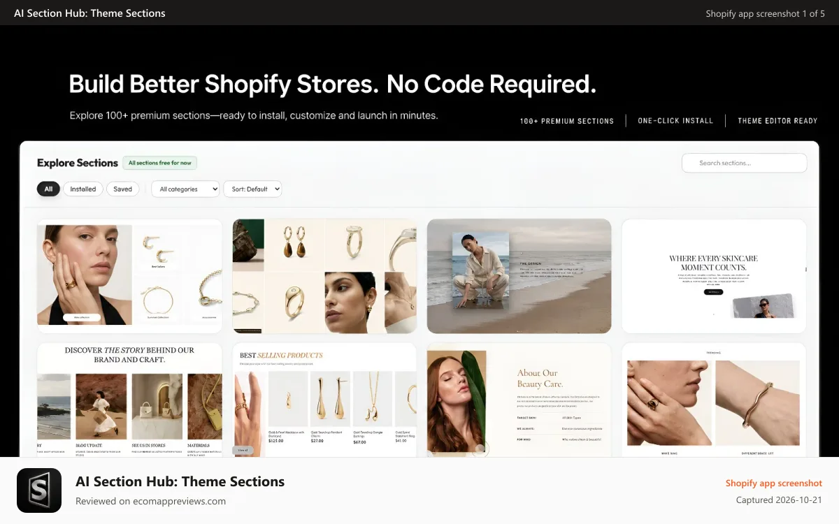AI Section Hub: Theme Sections Shopify app screenshot: AI Section Hub dashboard showcasing premium Shopify sections
