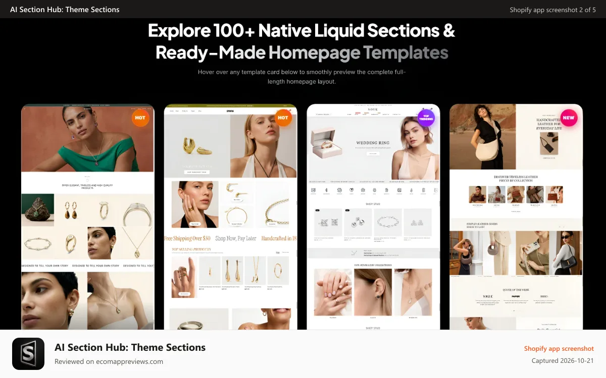 AI Section Hub: Theme Sections Shopify app screenshot: Luxury jewelry homepage templates preview, four designs display