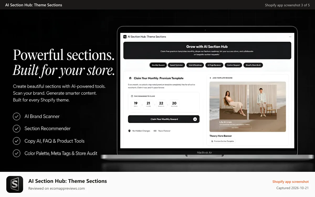 AI Section Hub: Theme Sections Shopify app screenshot: AI Section Hub tools and premium Shopify sections dashboard