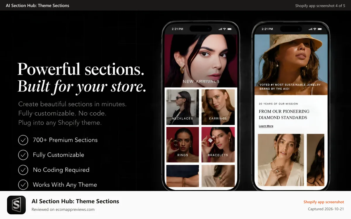 AI Section Hub: Theme Sections Shopify app screenshot: Mobile Shopify sections showcase with AI Section Hub previews