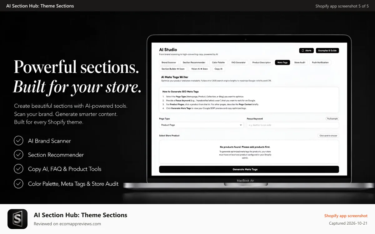 AI Section Hub: Theme Sections Shopify app screenshot: AI Section Hub dashboard with AI-powered Shopify tools