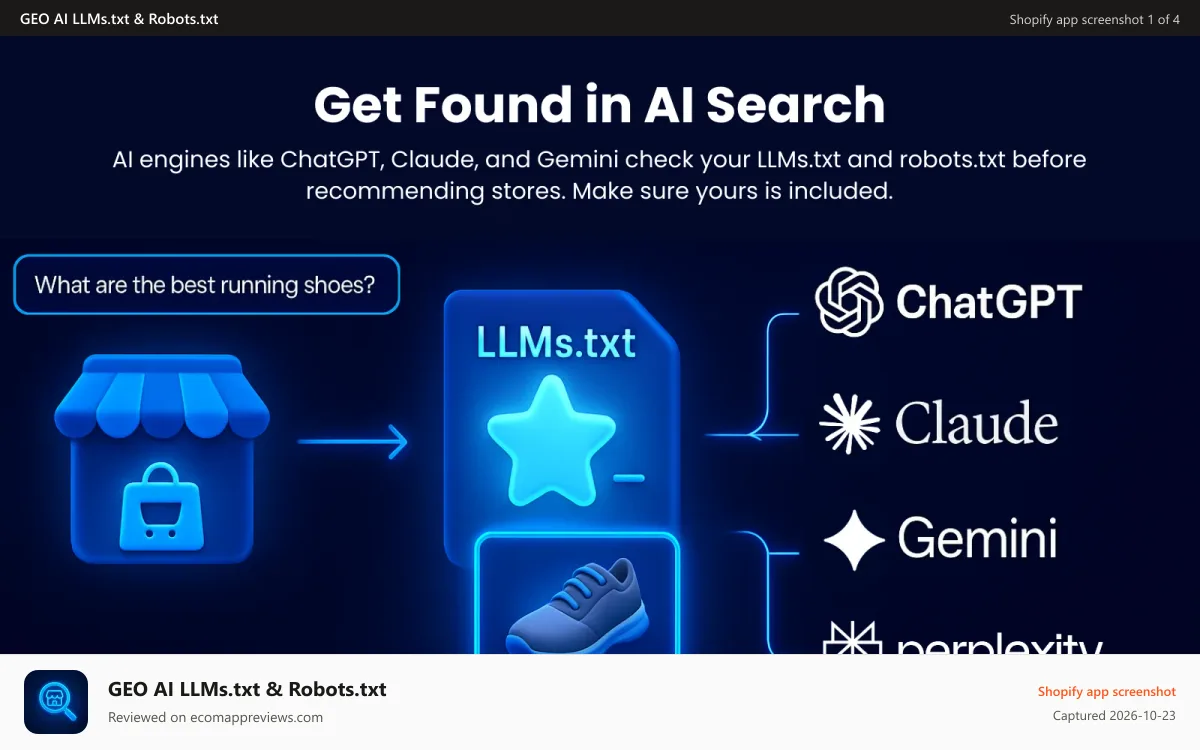 GEO AI LLMs.txt & Robots.txt Shopify app screenshot: Get Found in AI Search