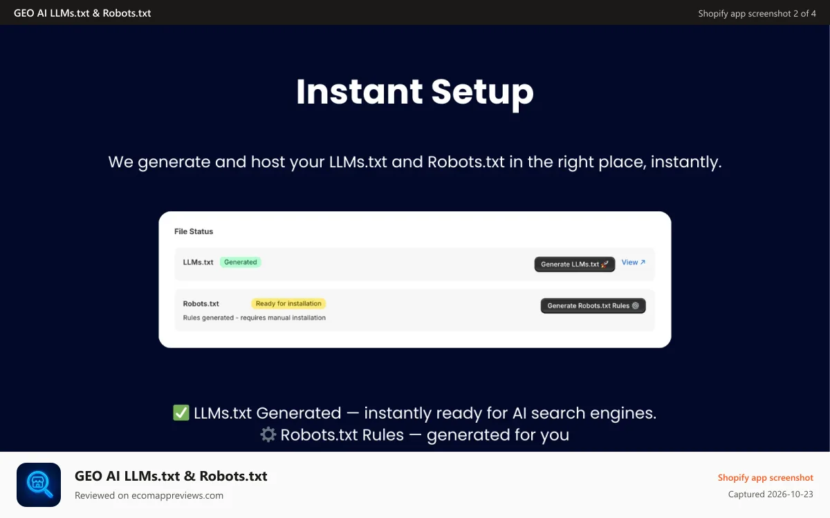 GEO AI LLMs.txt & Robots.txt Shopify app screenshot: instant setup