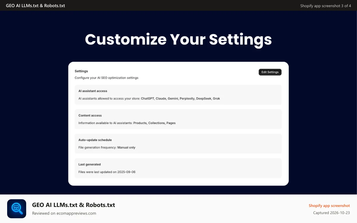 GEO AI LLMs.txt & Robots.txt Shopify app screenshot: Customize Settings