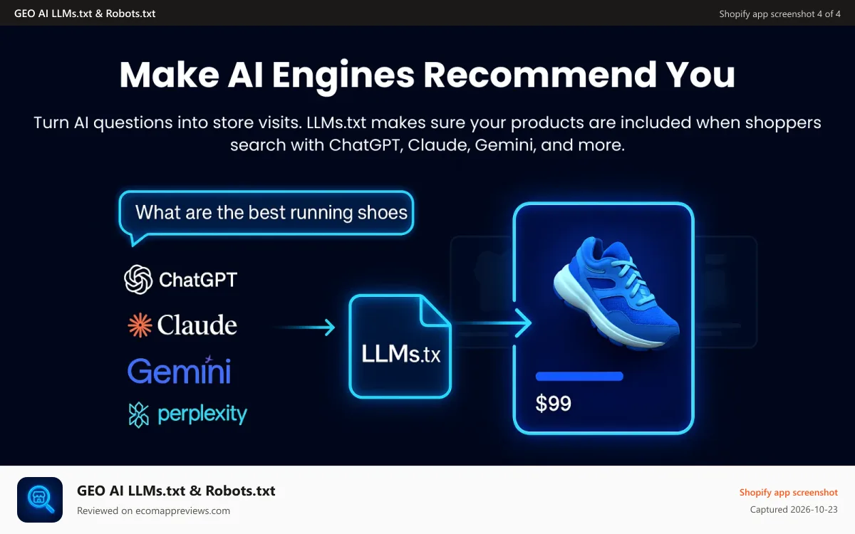 GEO AI LLMs.txt & Robots.txt Shopify app screenshot: make ai engines recommend you