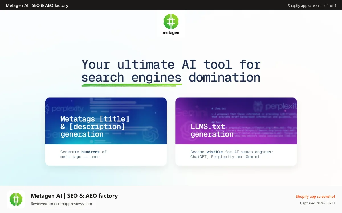 Metagen AI | SEO & AEO factory Shopify app screenshot: Metagen AI Bulk SEO Generator