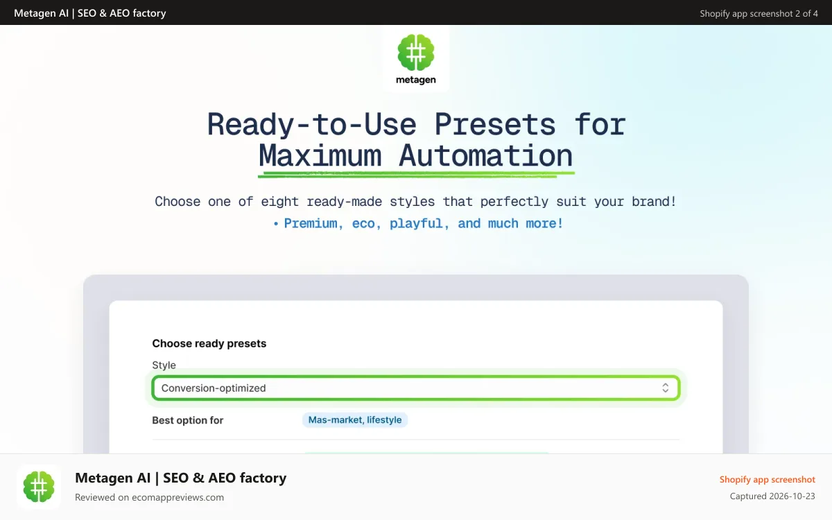 Metagen AI | SEO & AEO factory Shopify app screenshot: Ready presets for transmitting tone of voice of your store