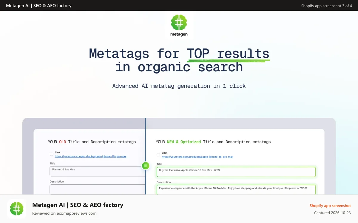 Metagen AI | SEO & AEO factory Shopify app screenshot: Metatags title and description generation in 3 clicks