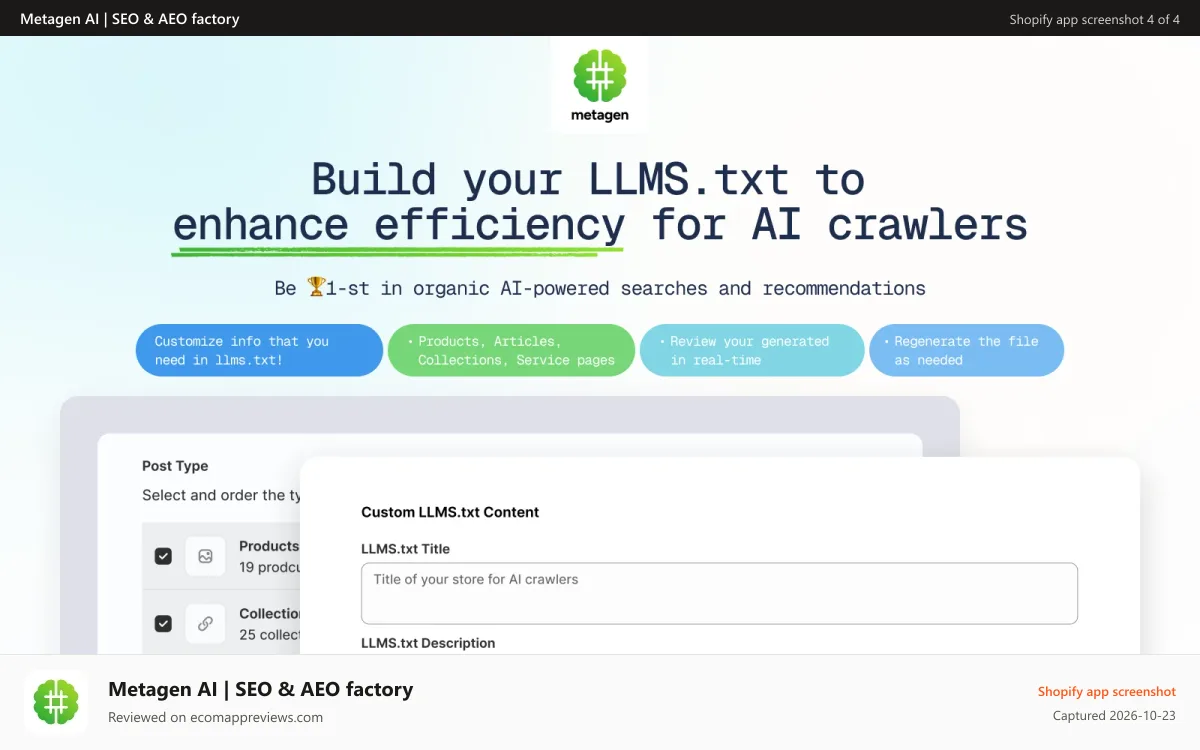 Metagen AI | SEO & AEO factory Shopify app screenshot: LLMS.txt generation