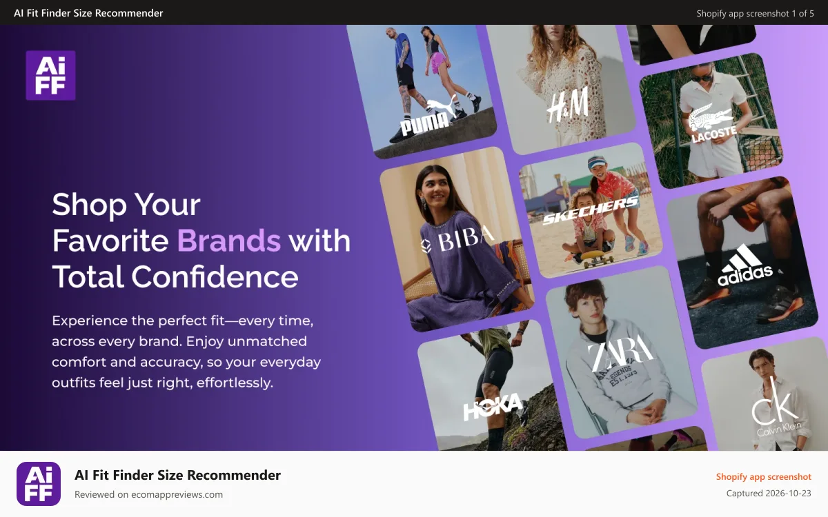 AI Fit Finder Size Recommender Shopify app screenshot: AI Fit Finder size recommender for top clothing brands