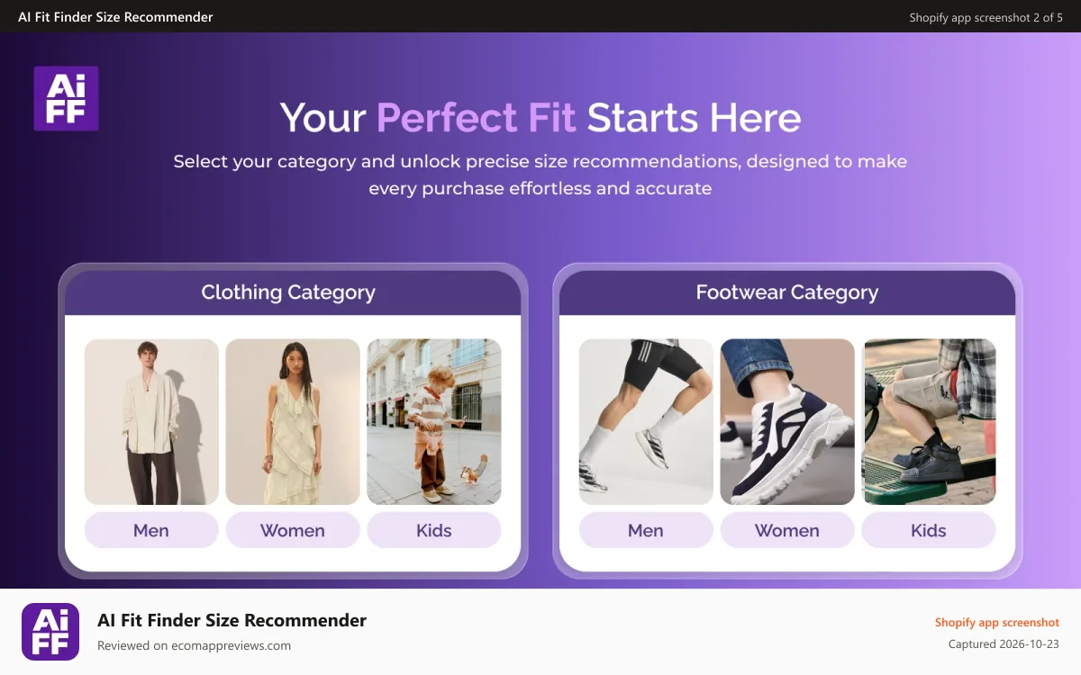 AI Fit Finder Size Recommender Shopify app screenshot: AI Fit Finder size categories for men, women, kids