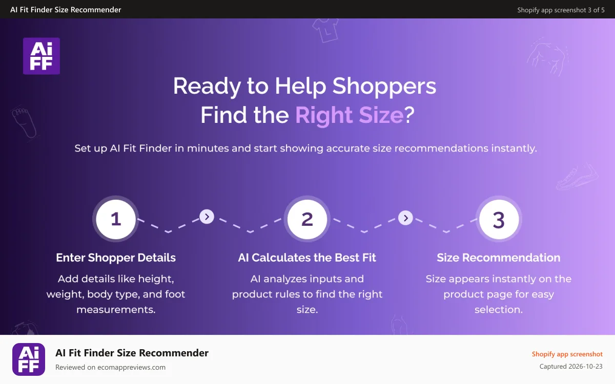 AI Fit Finder Size Recommender Shopify app screenshot: AI Fit Finder: enter details, get instant size recommendations