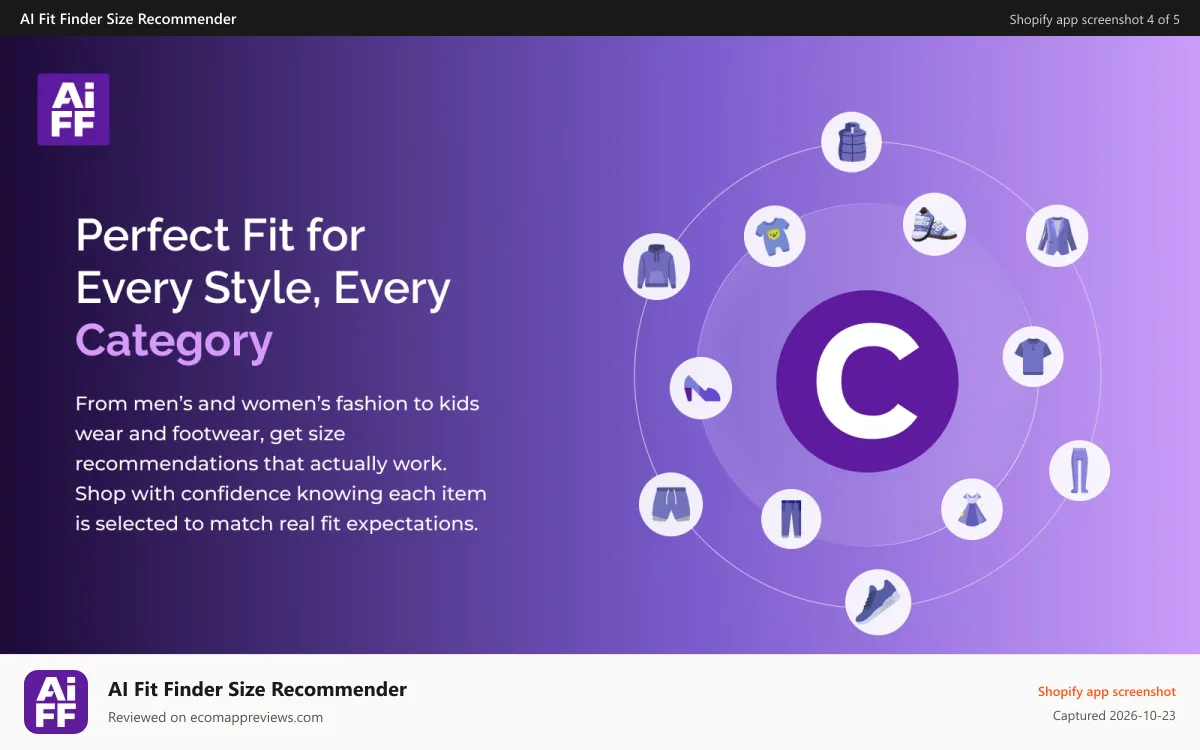 AI Fit Finder Size Recommender Shopify app screenshot: AI size recommendations of every style and category