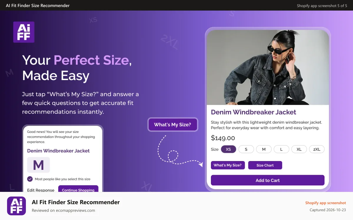 AI Fit Finder Size Recommender Shopify app screenshot: Get your perfect size with instant fit recommendations