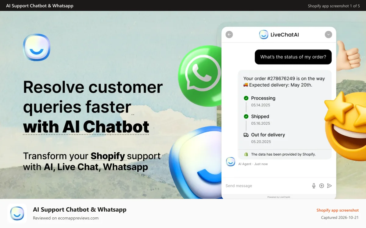 AI Support Chatbot & Whatsapp Shopify app screenshot: Resolve most customer queries with AI agent chatbot