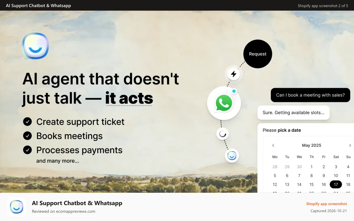 AI Support Chatbot & Whatsapp Shopify app screenshot: AI Agent that acts — books meetings via whatsapp