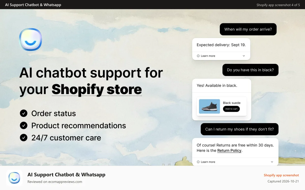 AI Support Chatbot & Whatsapp Shopify app screenshot: AI support for orders, products, and 24/7 customer care