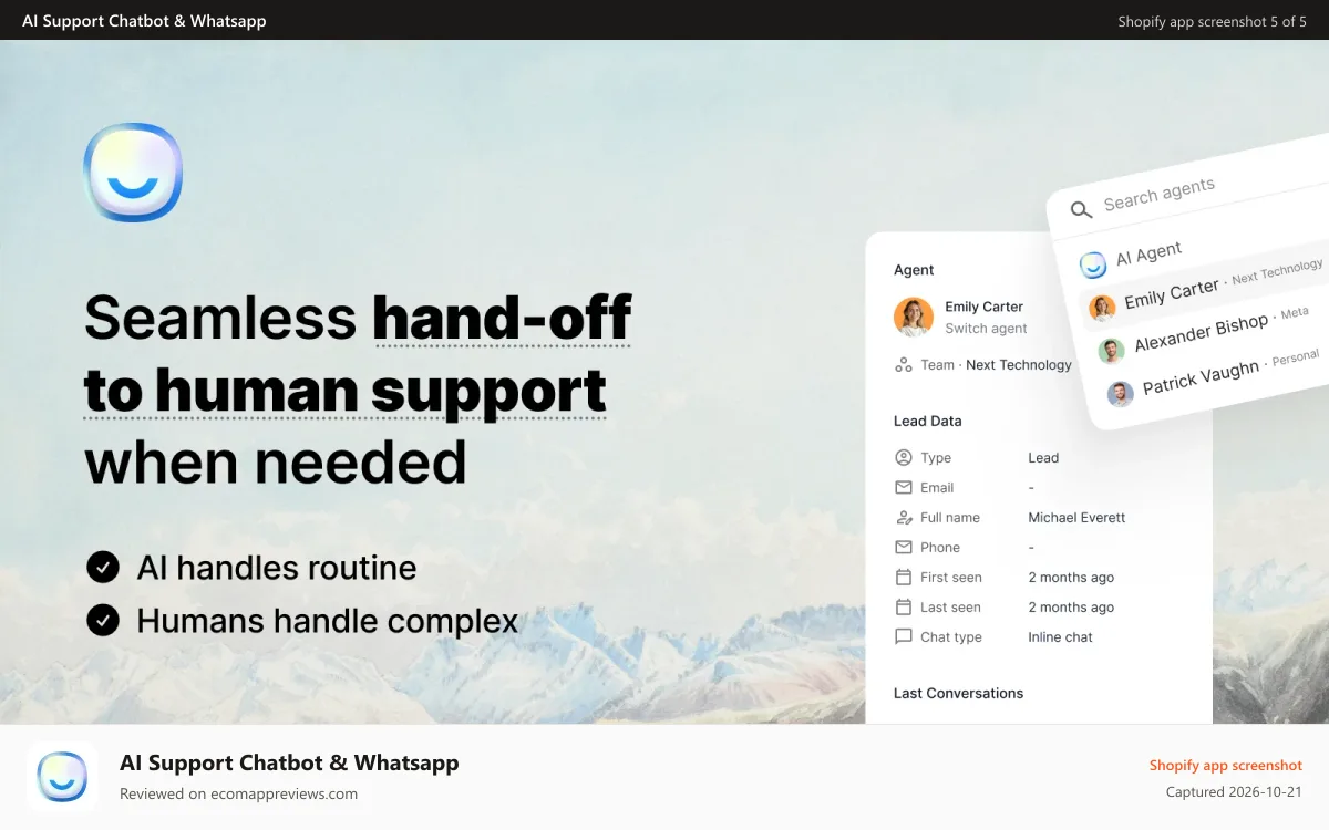 AI Support Chatbot & Whatsapp Shopify app screenshot: Seamless hand-off from AI to human agents when required