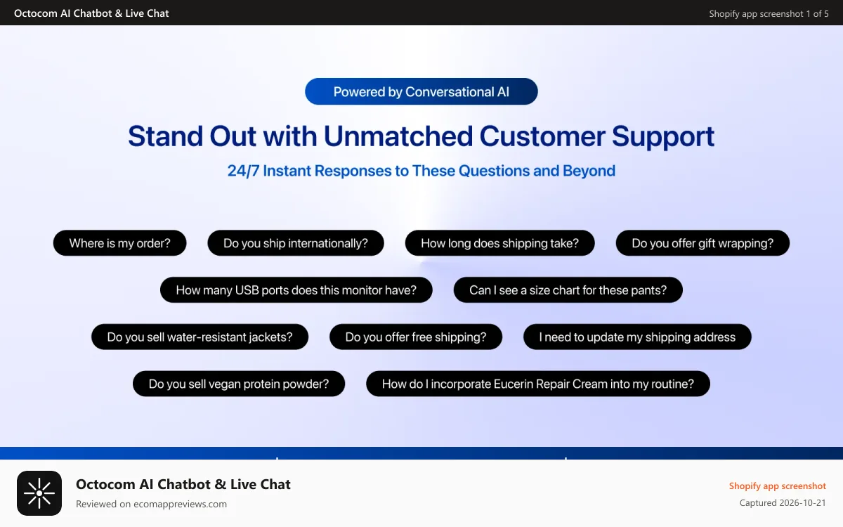 Octocom AI Chatbot & Live Chat Shopify app screenshot: Stand out with unmatched customer support