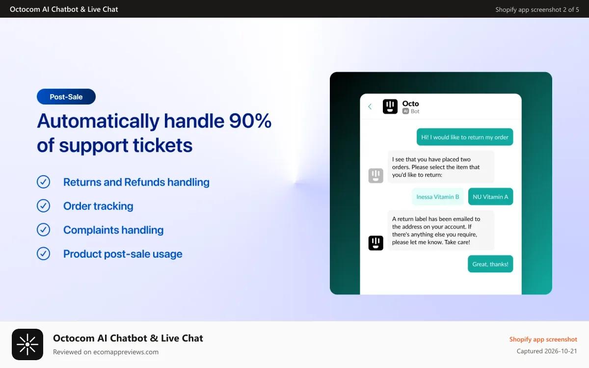 Octocom AI Chatbot & Live Chat Shopify app screenshot: Automatically handle 90% of support tickets